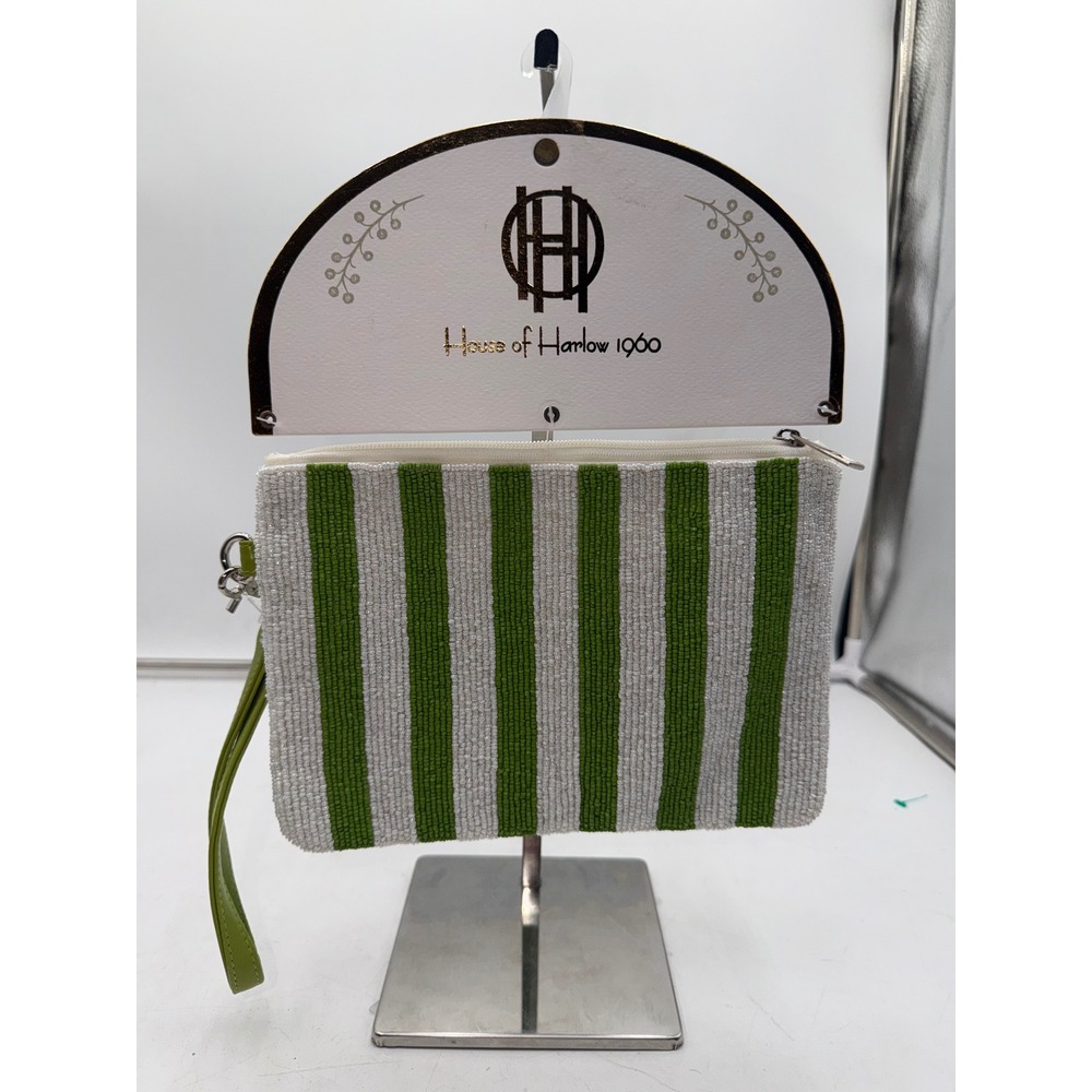 House of Harlow 1960 Beaded Travel Pouch Green White Stripe Wristlet HHP1008 NWT
